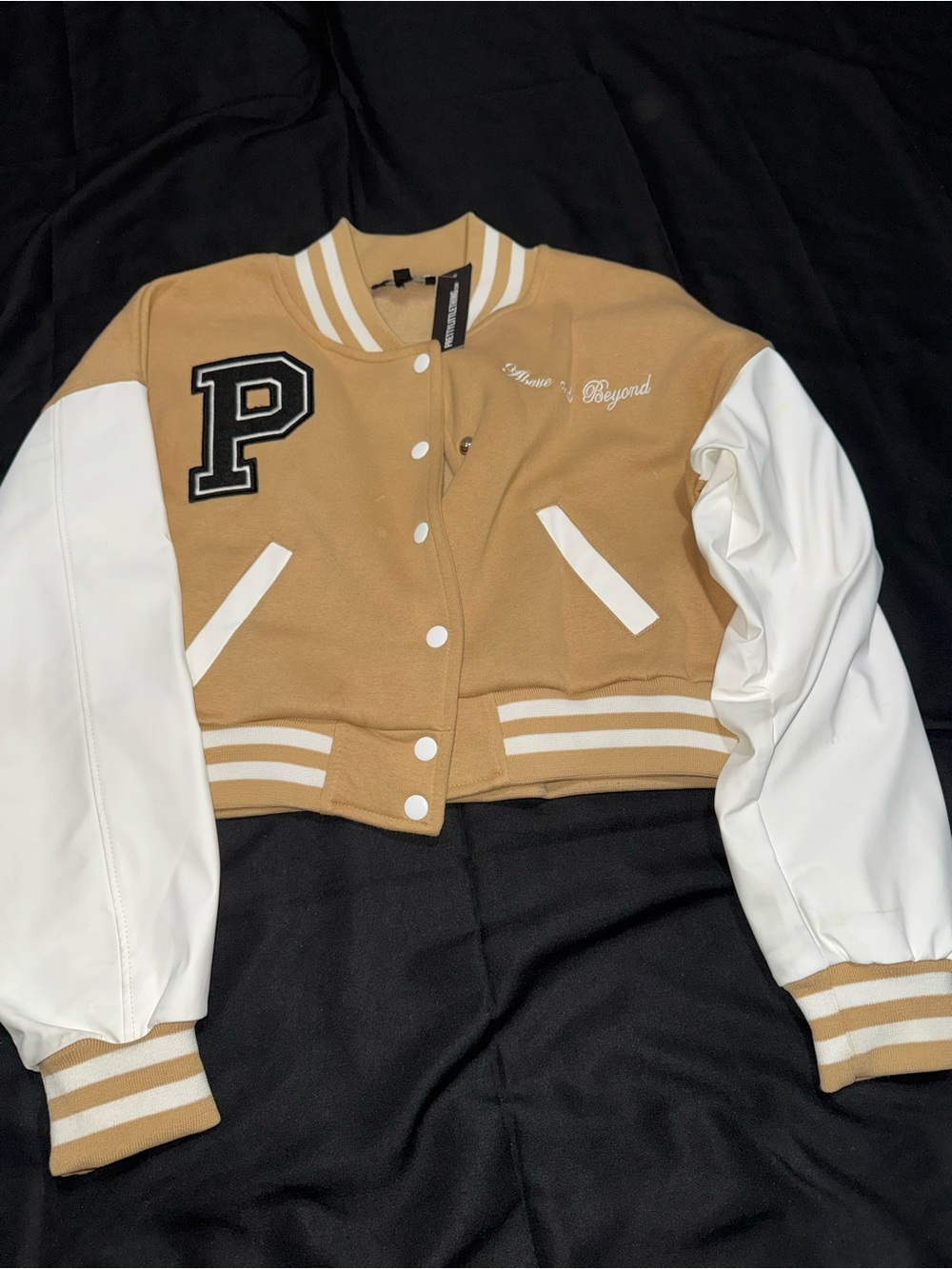 PrettyLittleThing Cropped Tan and White Bomber Varsity Jacket
